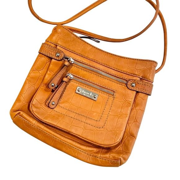 Tignanello Croc Embossed Leather Crossbody Purse Women's Tan Silver Boho Casual - Picture 1 of 6